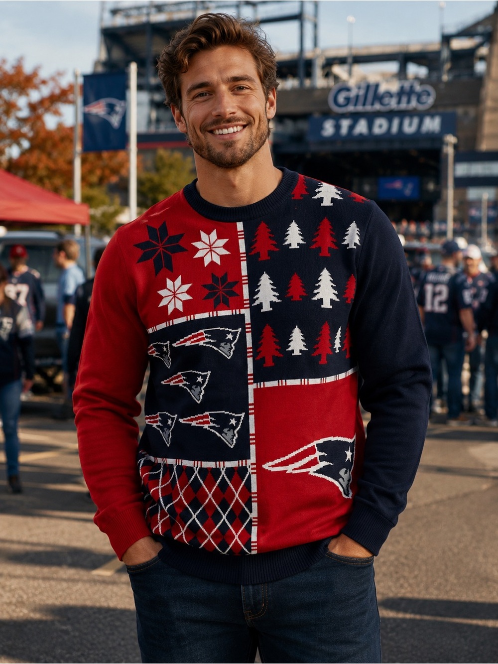 NWT - L - NFL TEAM - New England Patriots Men's Red & Navy Holiday Ugly Sweater